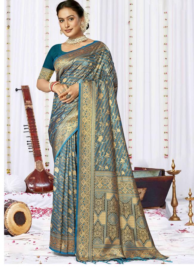 Sattin Silk Sky Blue Wedding Wear Weaving Saree